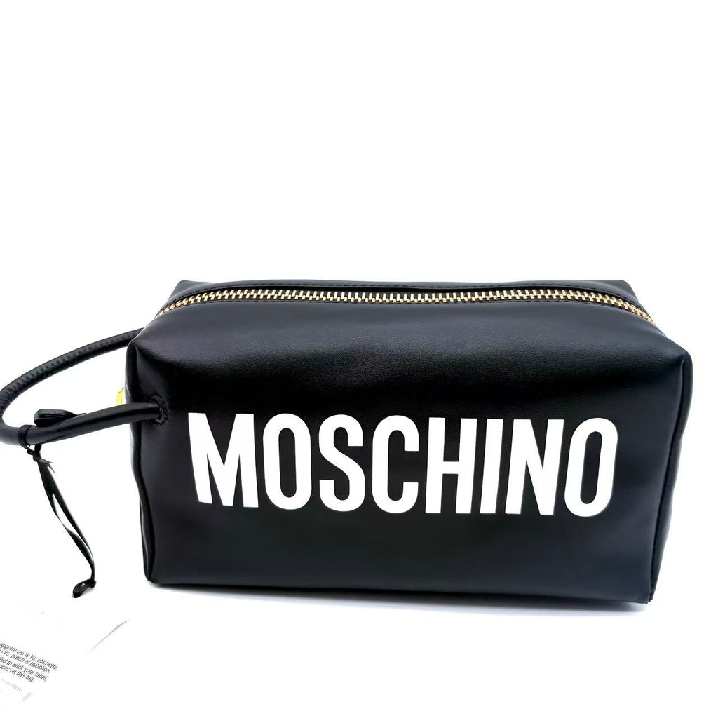 Moschino Black Logo Print Leather Travel Bag