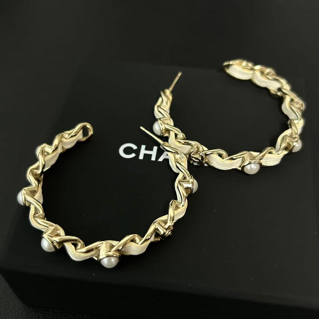 Chanel Lambskin CC Chain Hoop Earrings Gold Black twins LDJ4468