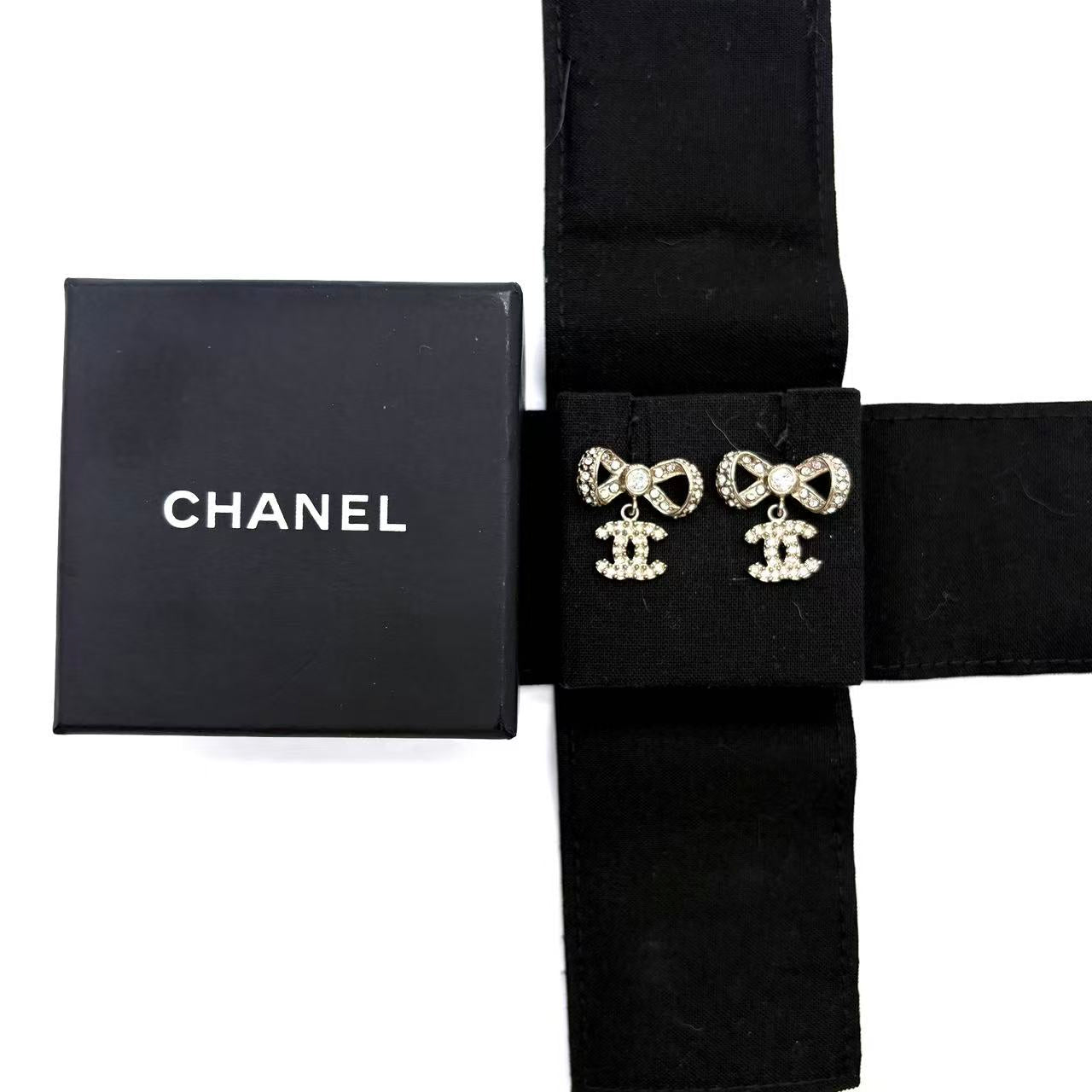 Crystal CC Bow Dangle Earrings Gold