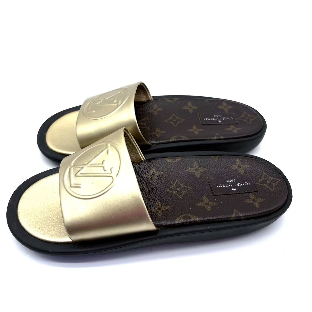 Gold Leather Sunbath Flat Slides