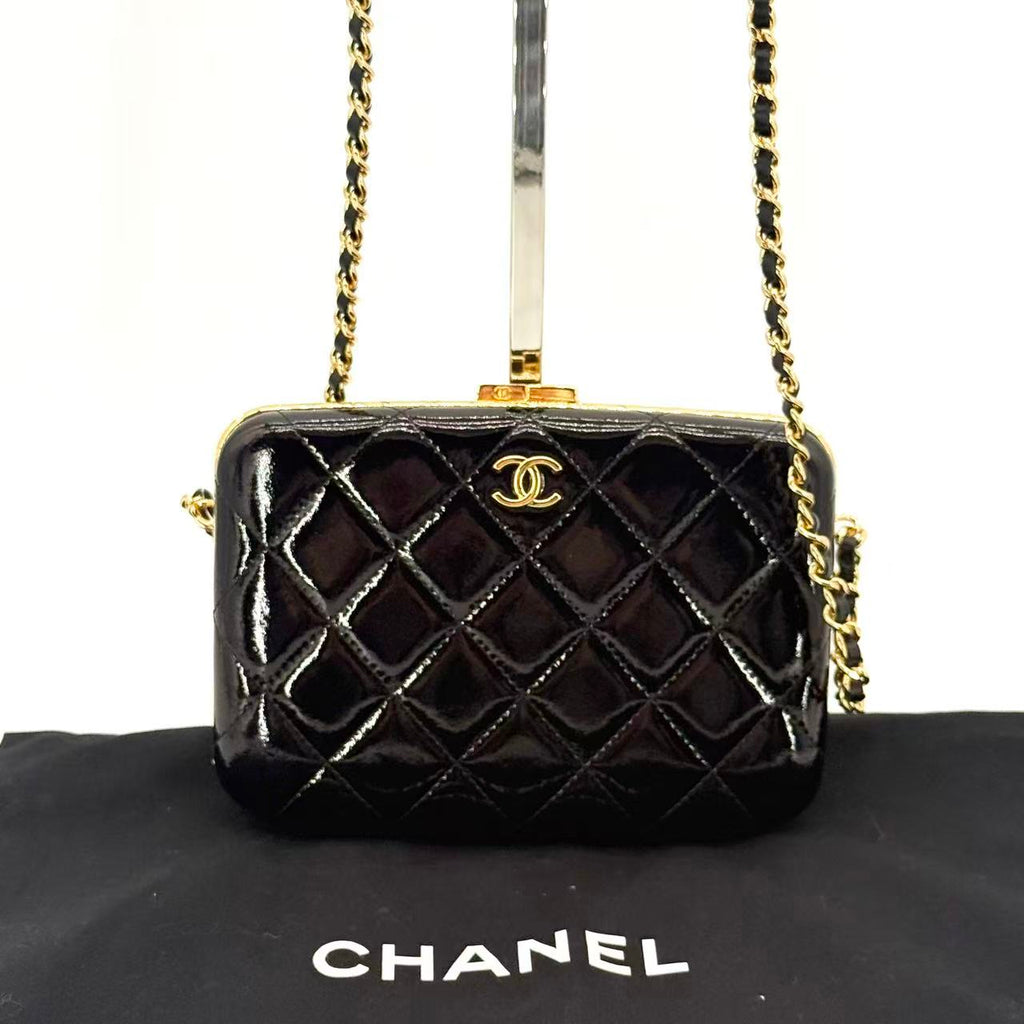 Black Quilted Patent Leather Large Box with Chain Gold Hardware