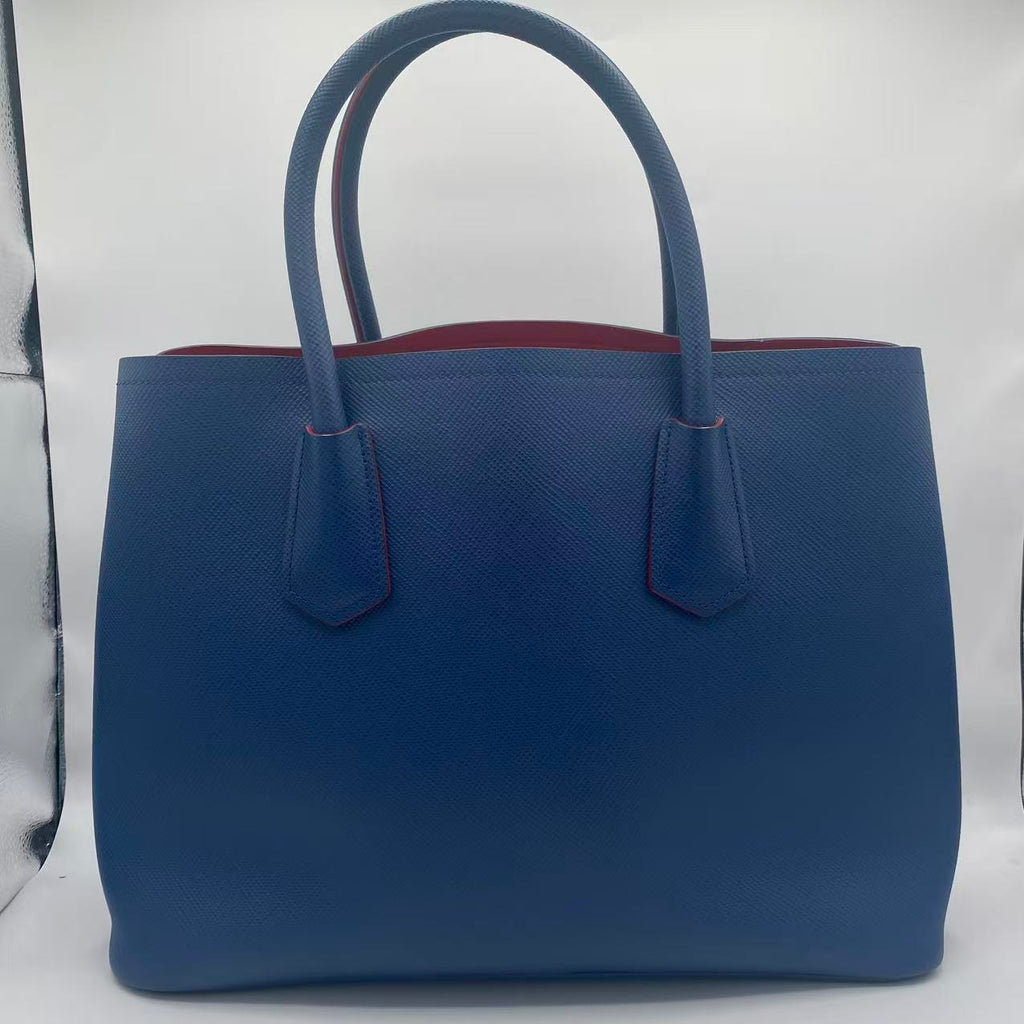 Navy Blue Saffiano Cuir Leather Double Handle Tote
