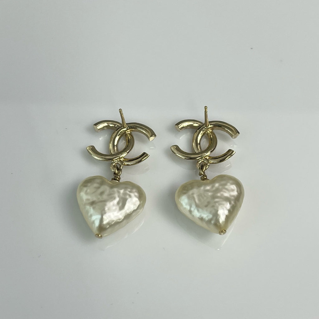 CC Heart Drop Earrings Metal with Crystals and Faux Pearls Twins LDJ3682