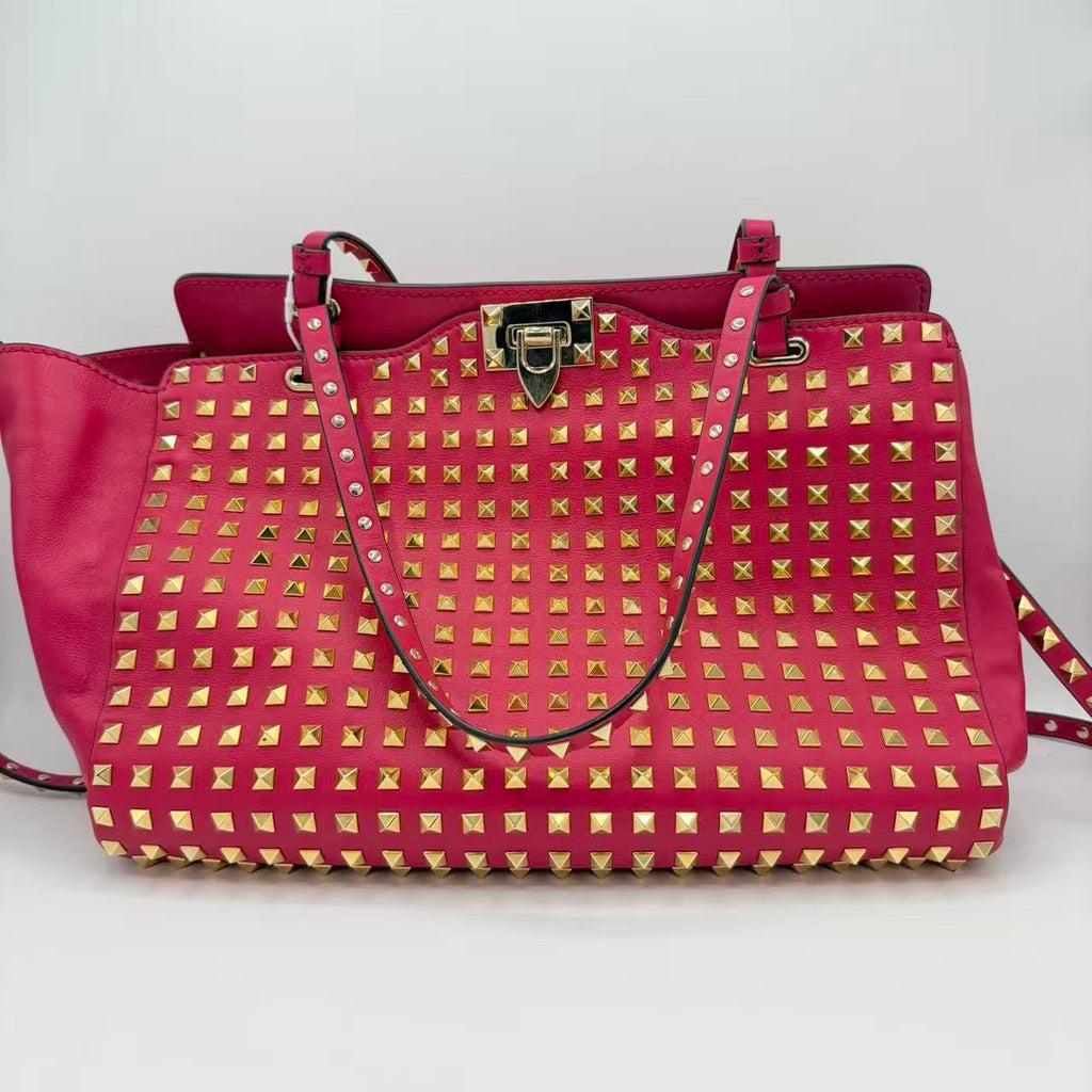 Pink Leather Rockstud All Over Trapeze Tote Bag
