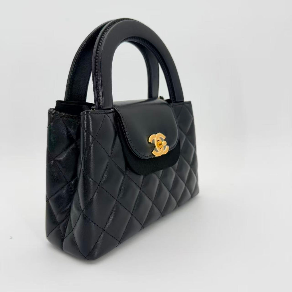 Nano Kelly Shopper bag in black shiny aged calfskin leather with gold hardware