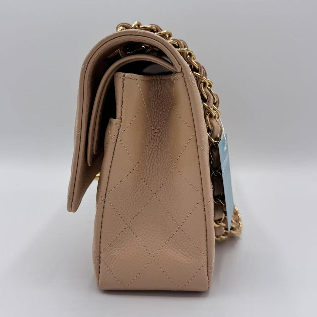 Caviar Quilted  Double Flap Beige Medium