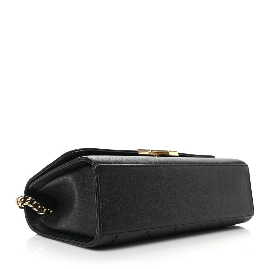 Grained Calfskin Quilted Medium Label Click Flap Bag Black twins