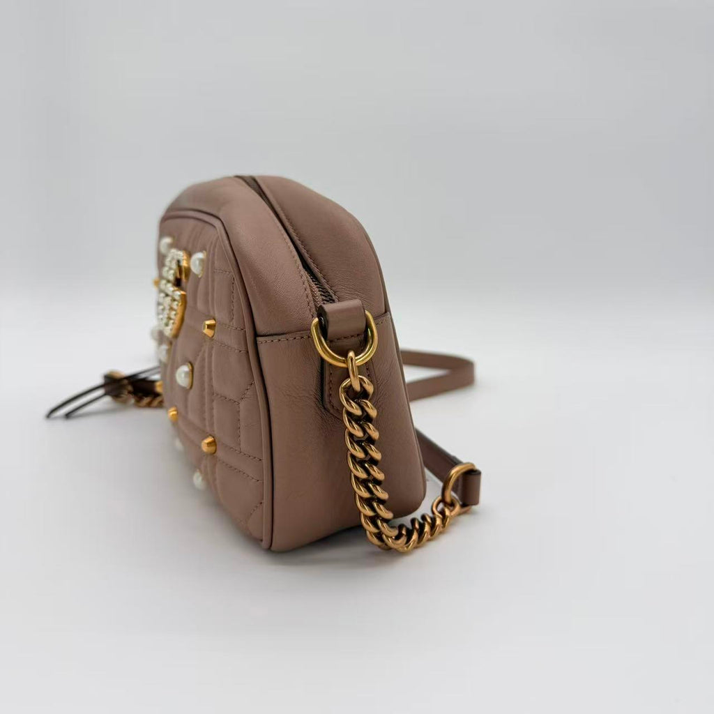 Pearly GG Marmont Shoulder Bag Embellished Matelasse Leather