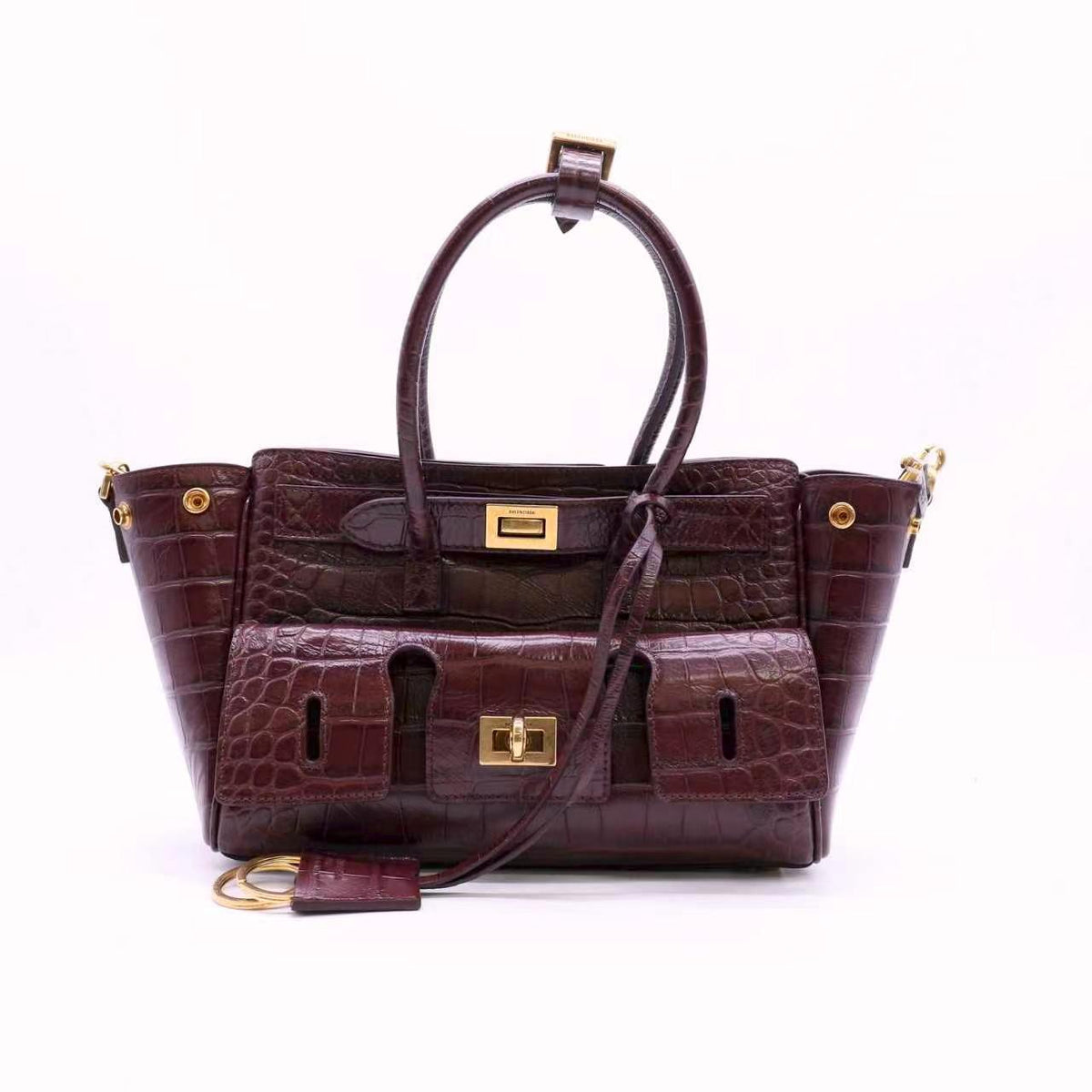 Balenciaga Calfskin Crocodile Embossed Mini Bel Air Carry All Bag Dark Burgundy Twins LDJ6780