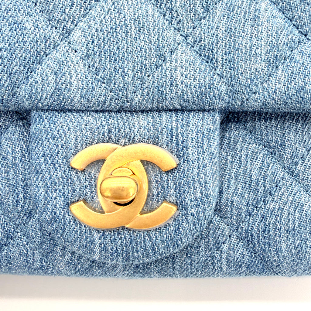 Denim Quilted Mini Pearl Crush Rectangular Flap Blue