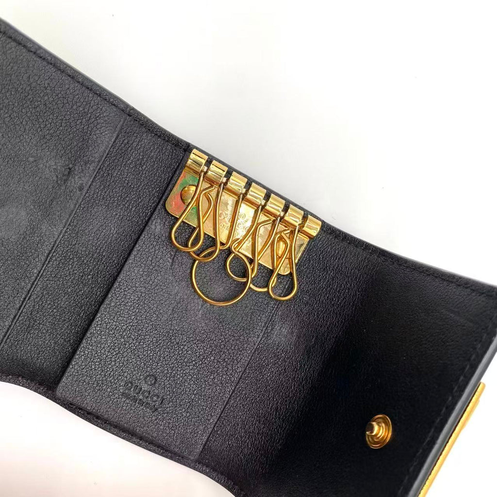 Calfskin GG Monogram Embossed 6 Key Holder Black
