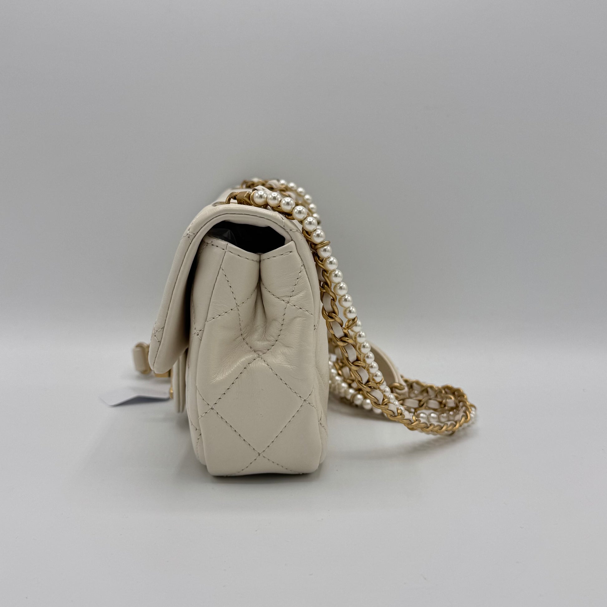 Calfskin Quilted Mini Crystal Pearls Rectangular Flap White