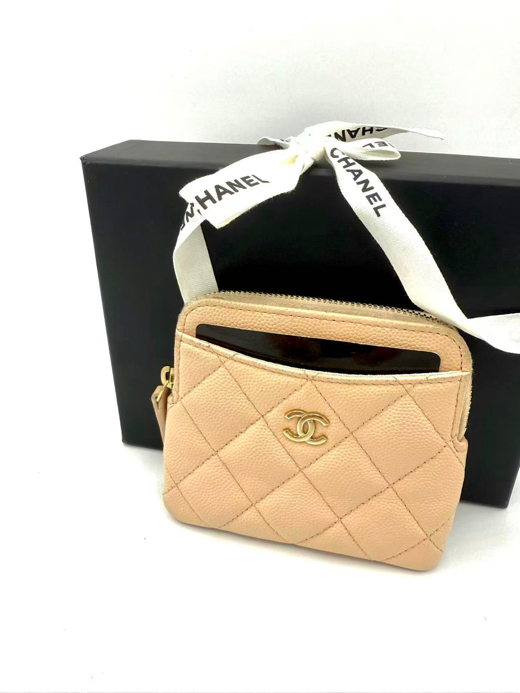 Square Zip Around Card Holder Wallet Quilted Caviar