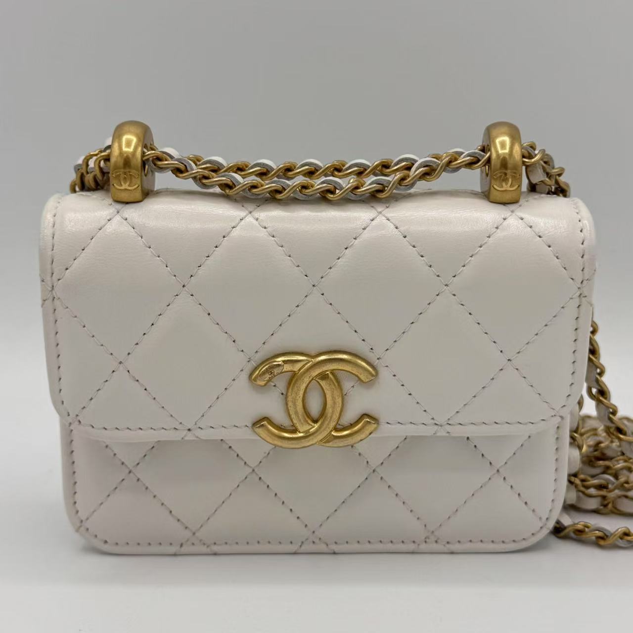 Chanel  Calfskin Quilted Perfect Fit Coin Purse With Chain White
