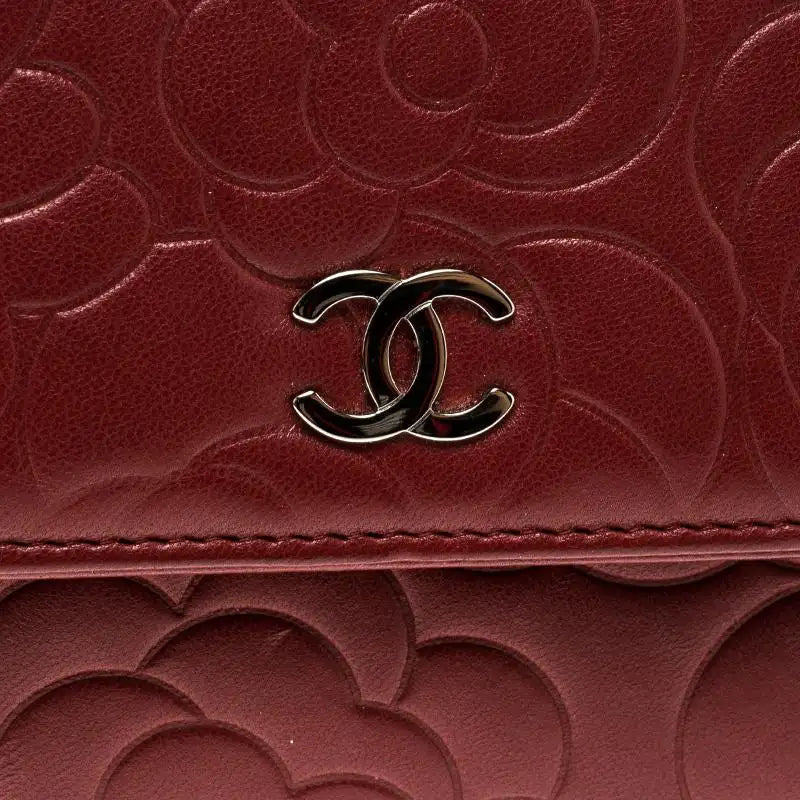 Dark Red Leather Camellia Continental Wallet twins