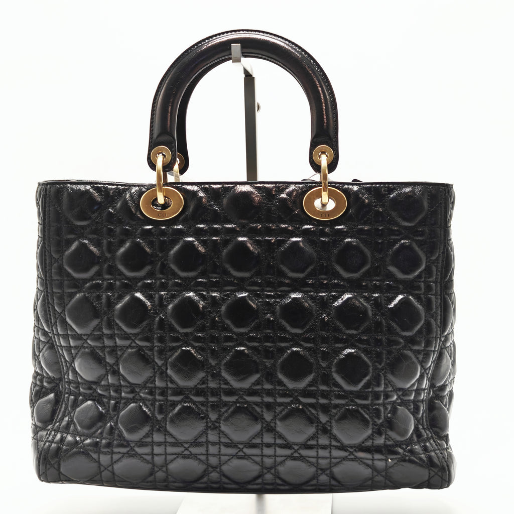 Black Cannage Quilted Patent Calfskin Large Lady Dior Bag twins