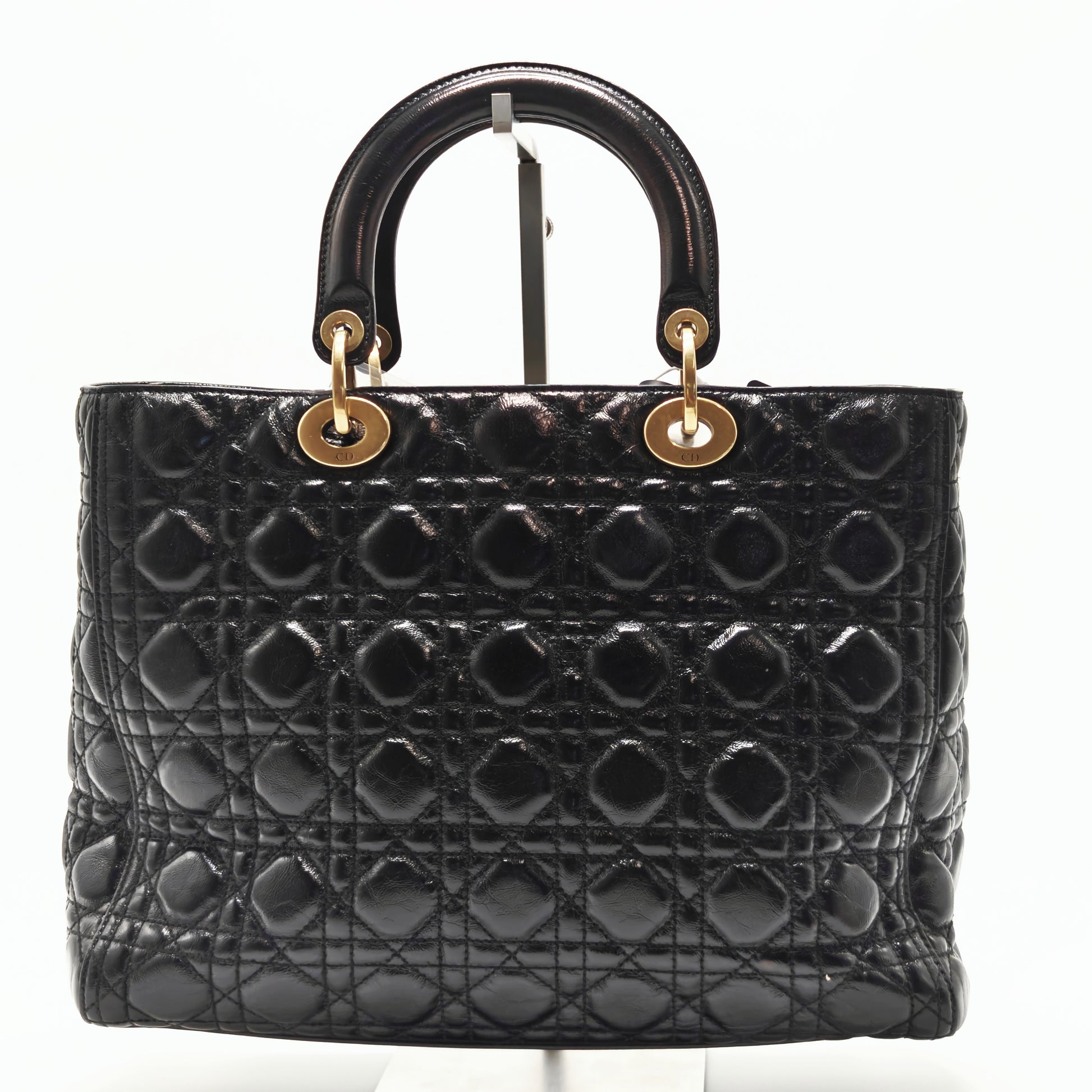 Black Cannage Quilted Patent Calfskin Large Lady Dior Bag twins