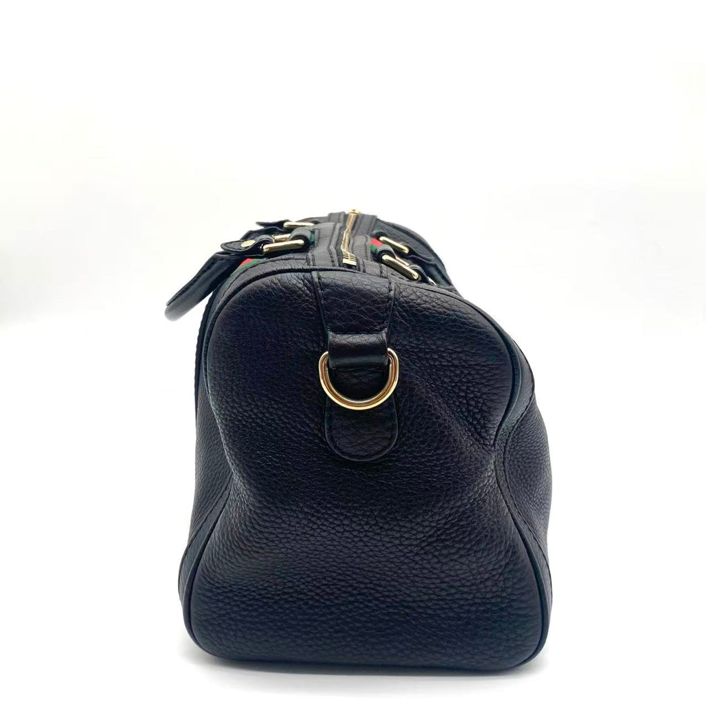 Black Leather Medium Vintage Web Boston Bag