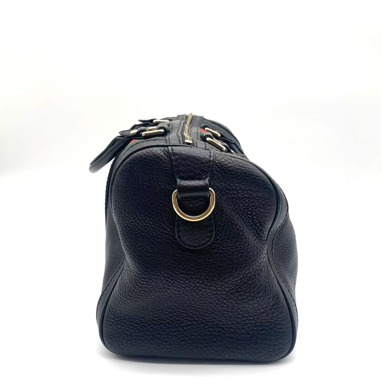 Black Leather Medium Vintage Web Boston Bag