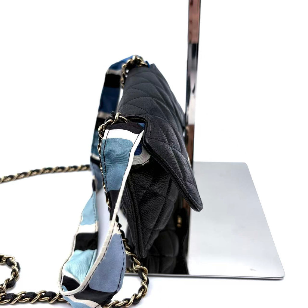 Caviar Fabric Foldable Tote Bag With Chain Black Multicolor