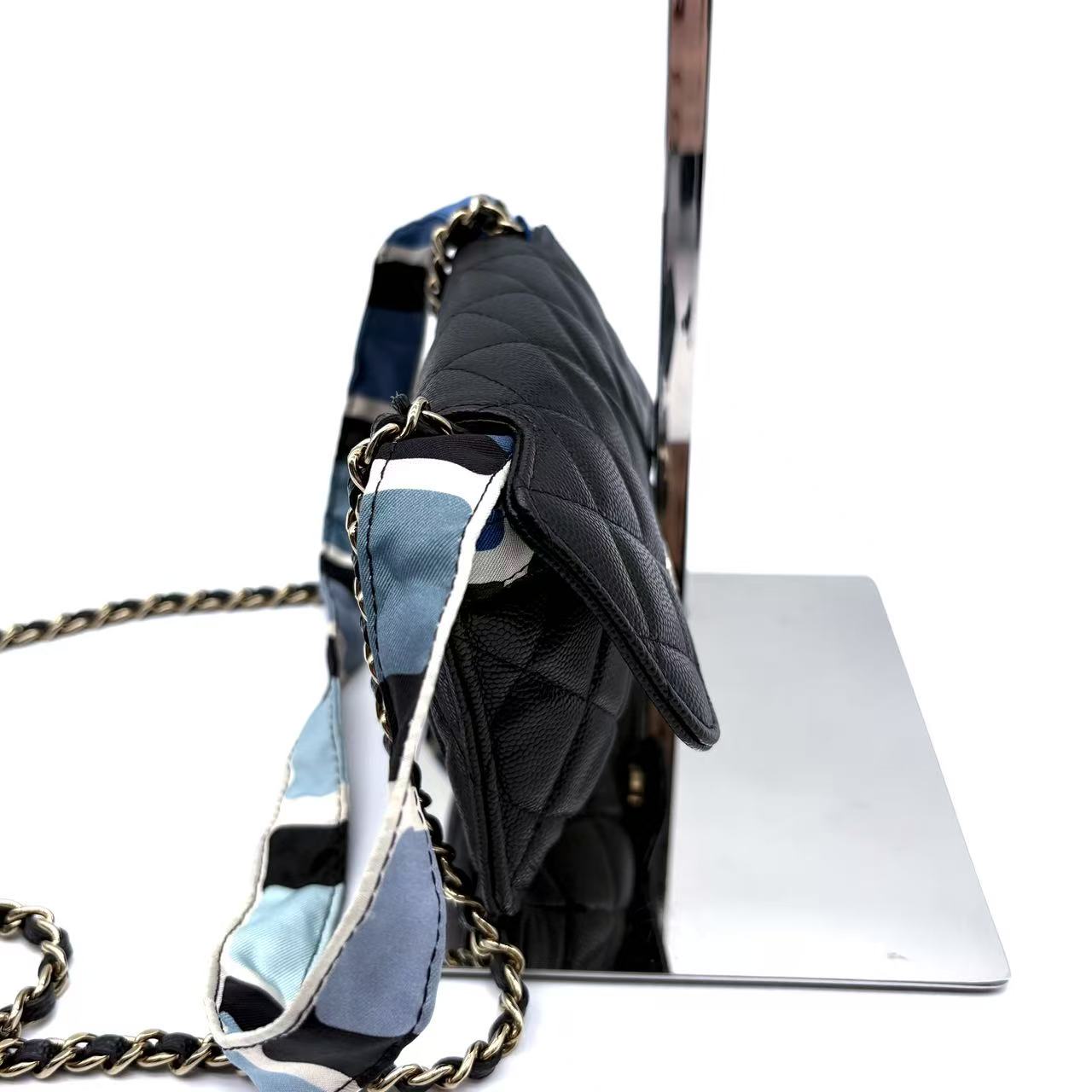Caviar Fabric Foldable Tote Bag With Chain Black Multicolor