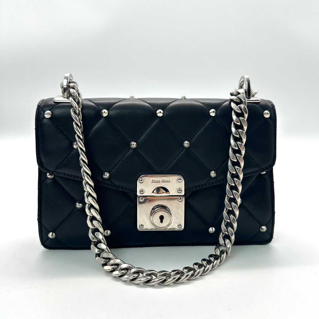 Miu Miu Pattina Nappa Studded Black Leather Shoulder Bag Twins LDJ3367