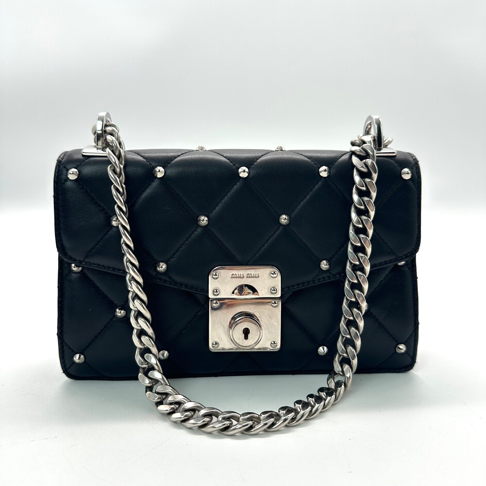 Miu Miu Pattina Nappa Studded Black Leather Shoulder Bag Twins LDJ3367