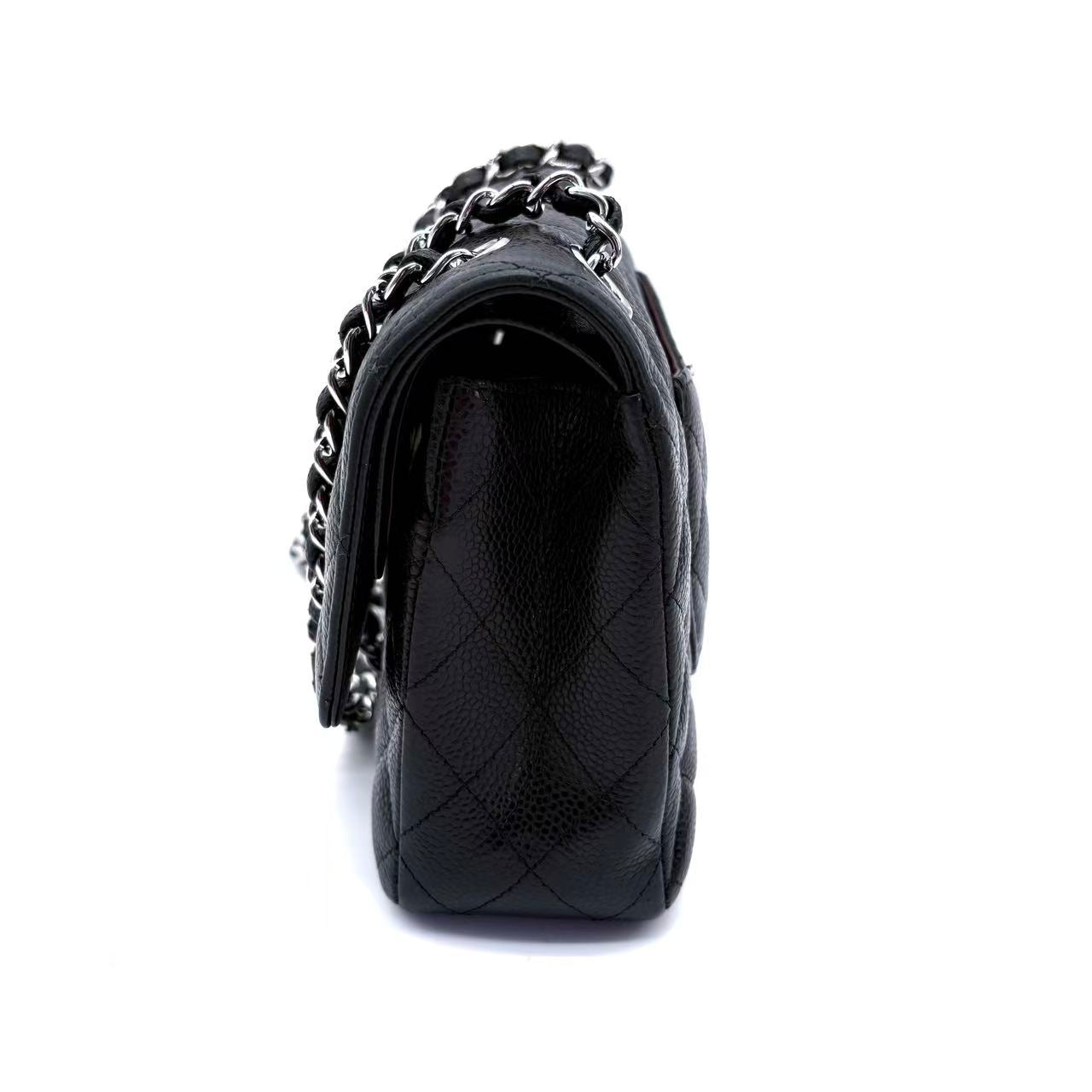 Black Quilted Caviar Medium Classic Double Flap Silver Hardware