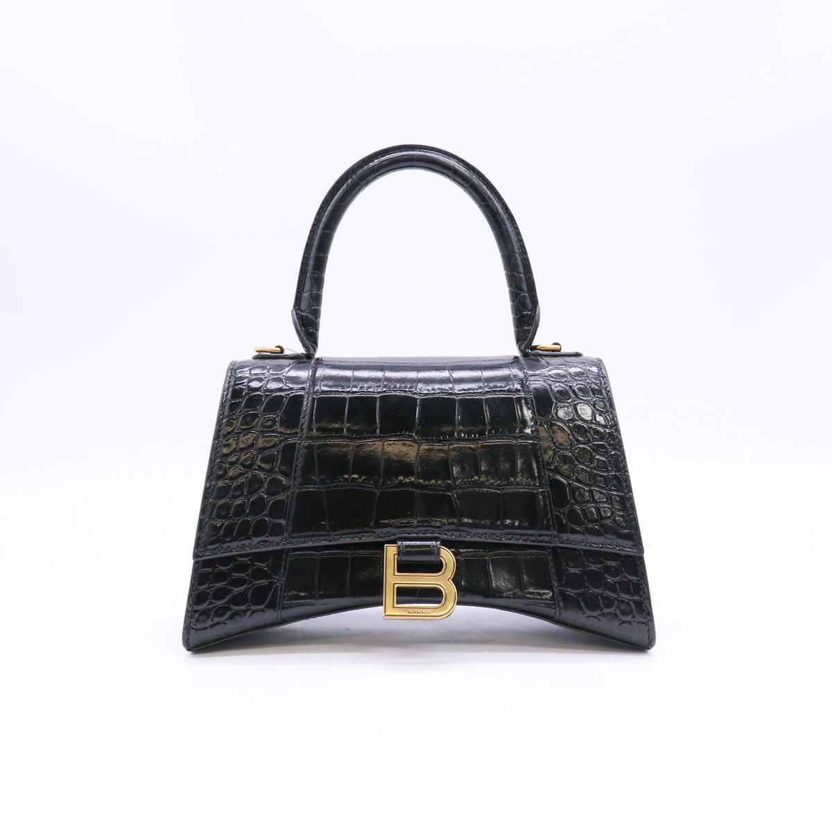 Balenciaga Shiny Calfskin Crocodile Embossed Small Hourglass Top Handle Bag Black twins LDZ1511