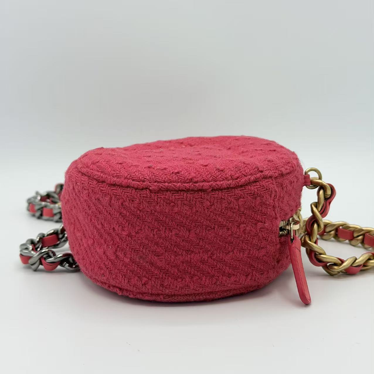 Chanel 19 Round Clutch in pink tweed