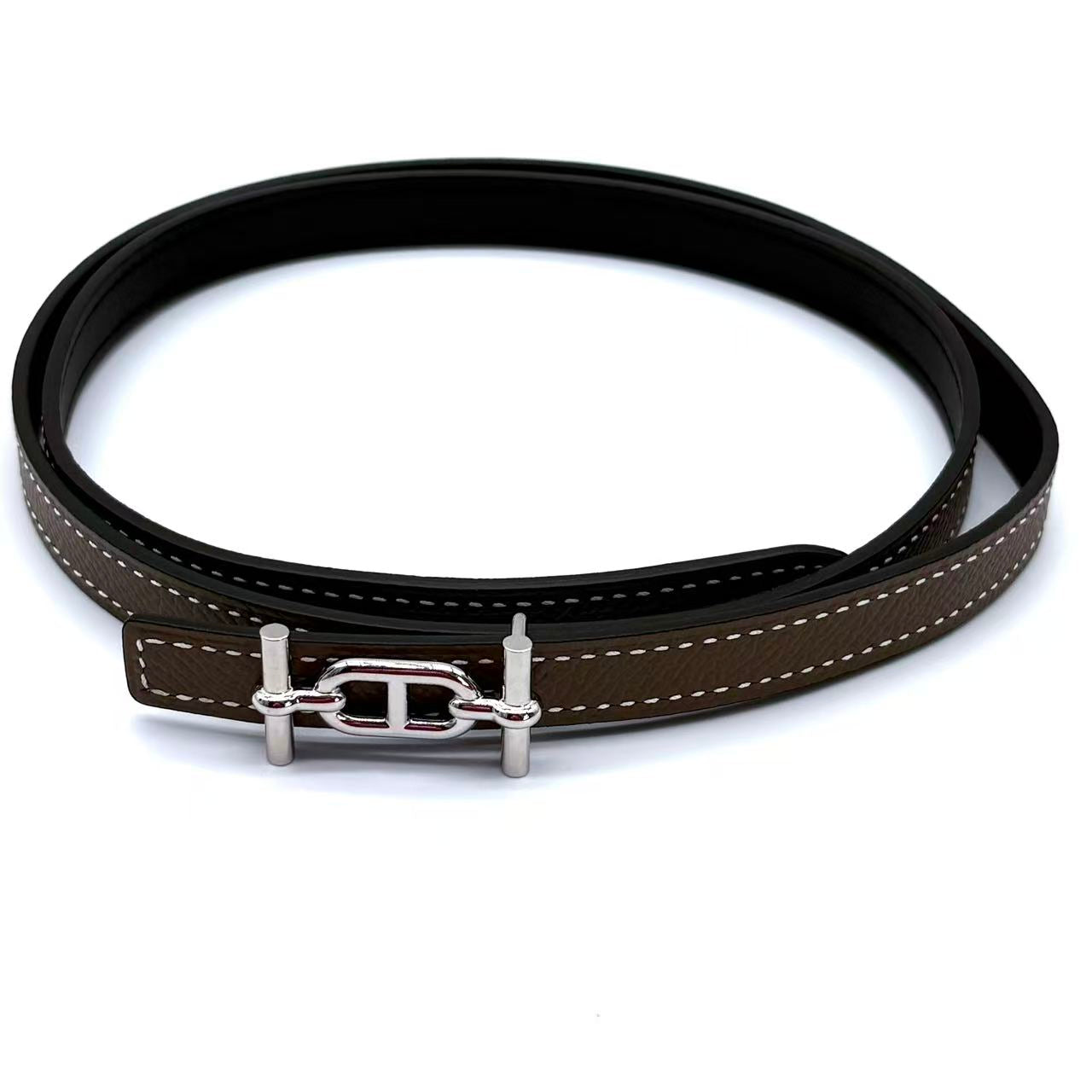 13mm Etoupe Epsom/Black Swift Leather Rose Gold Plated Ancre Belt Size 80
