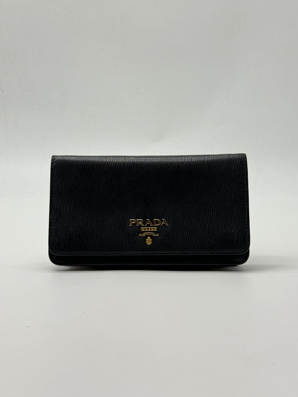 PRADA  Vitello Move Bi-Color Continental Flap Travel Wallet Black Lacca