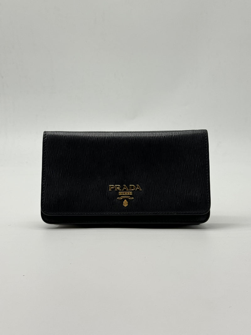 PRADA  Vitello Move Bi-Color Continental Flap Travel Wallet Black Lacca