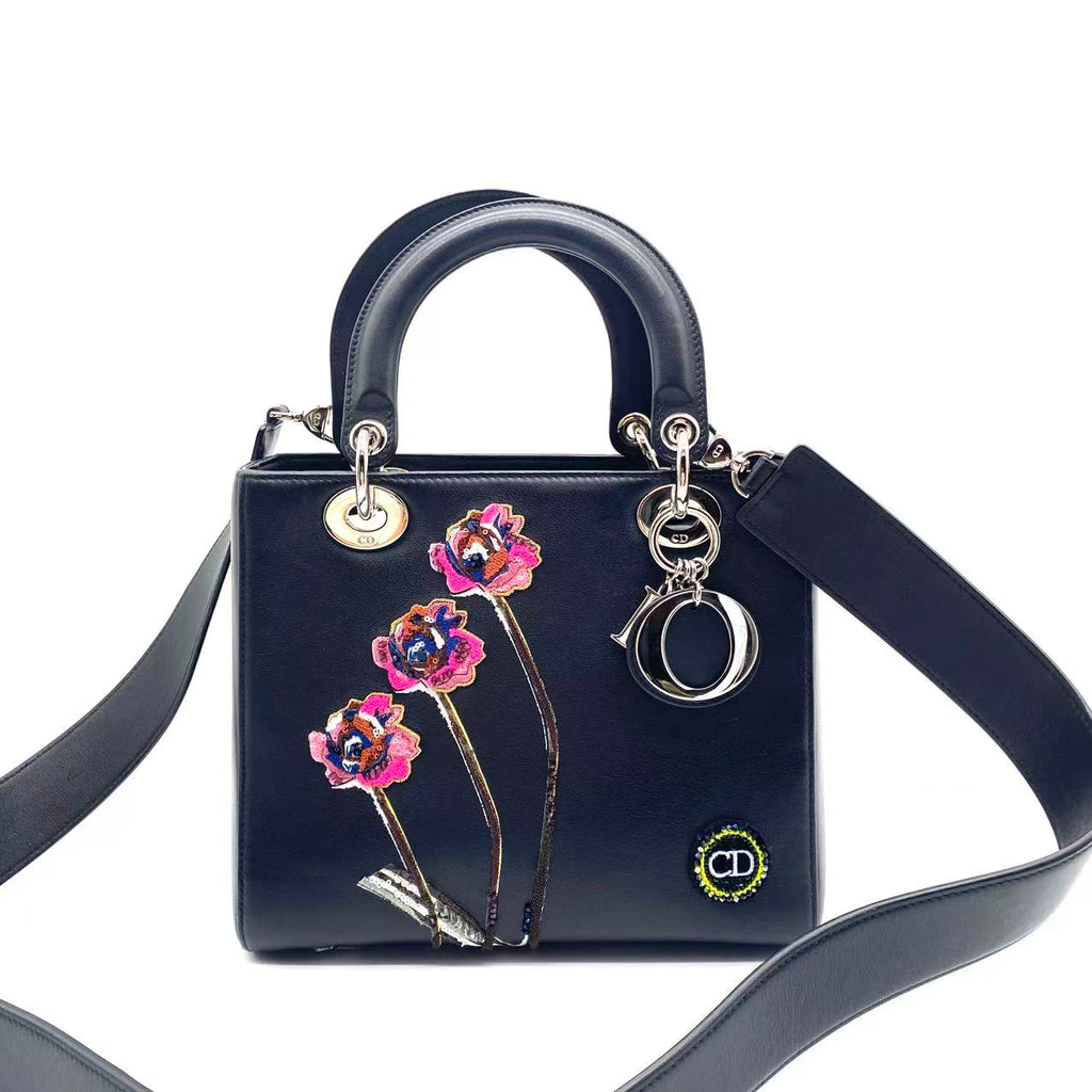 Black Leather Flower Embroidered Medium Lady Dior Tote