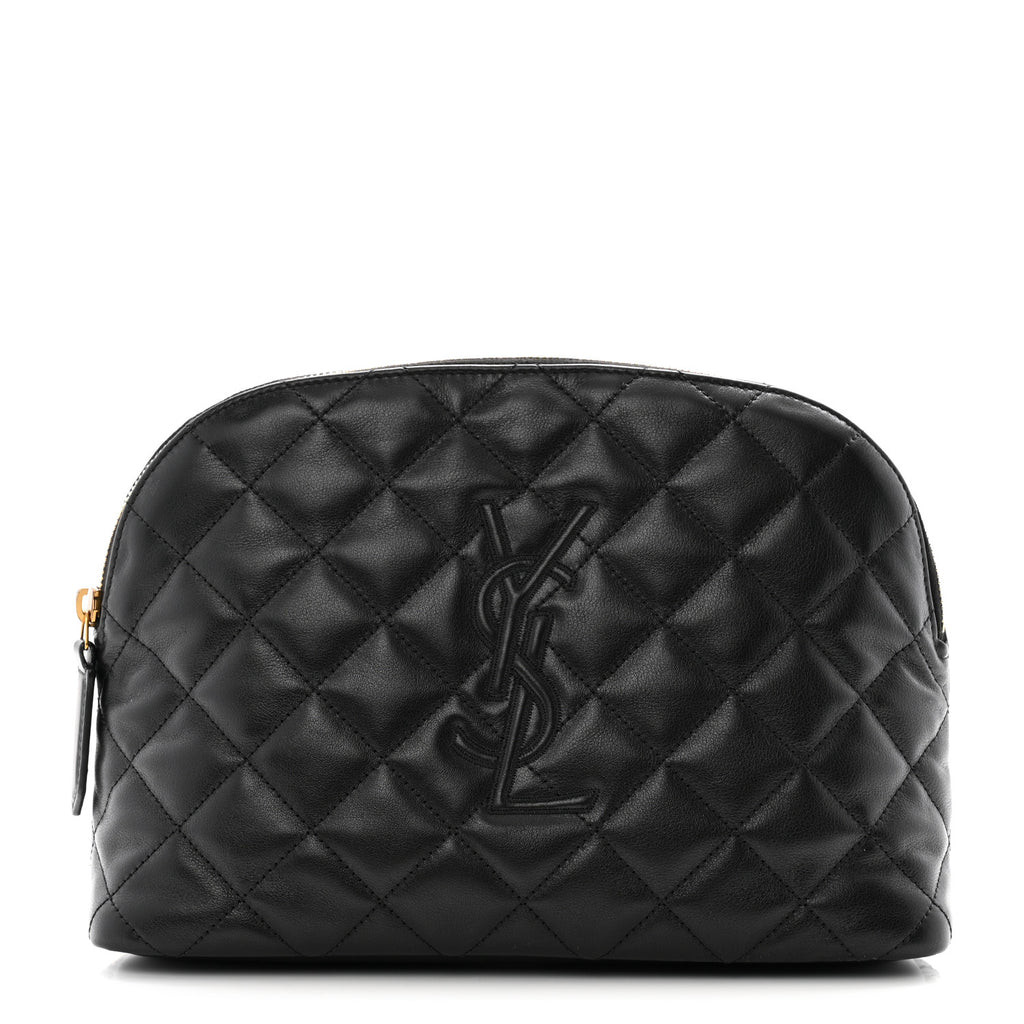 Calfskin Quilted Embroidered Cassandre Large Cosmetic Pouch Black twins