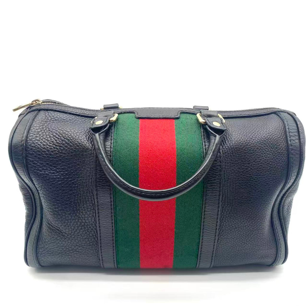 Black Leather Medium Vintage Web Boston Bag