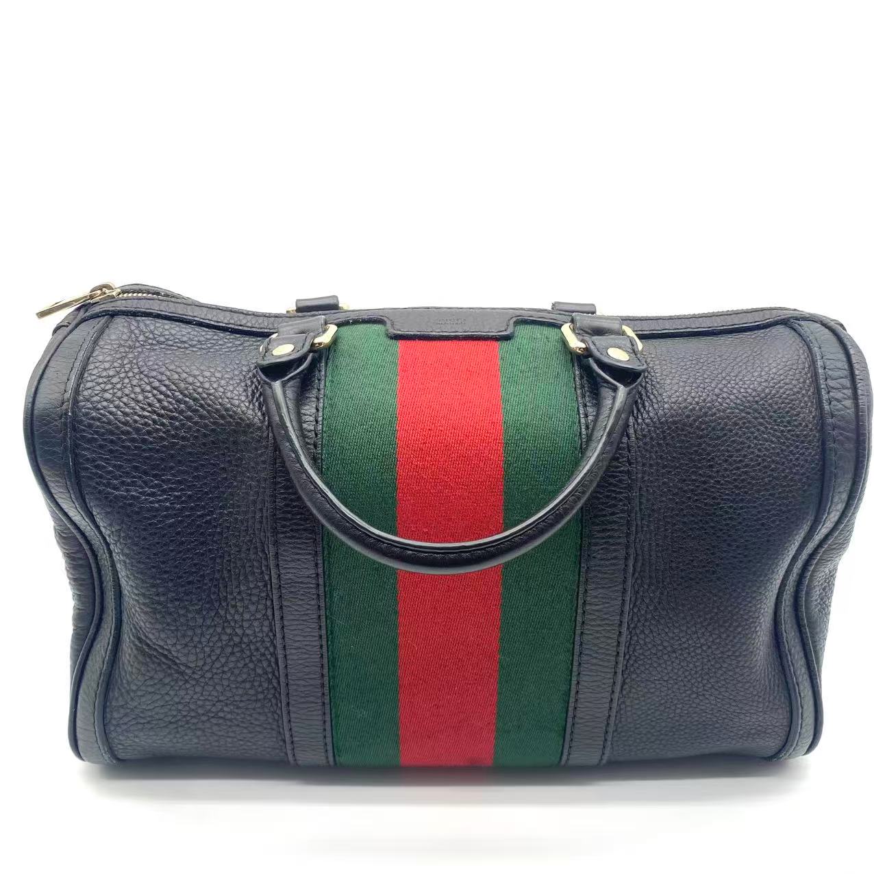 Black Leather Medium Vintage Web Boston Bag