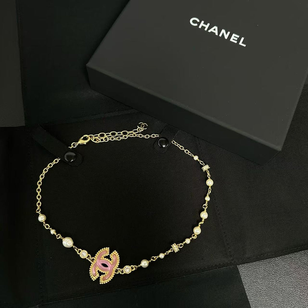Chanel Metal Enamel Pearl CC Necklace Pink Gold twins LDZ335