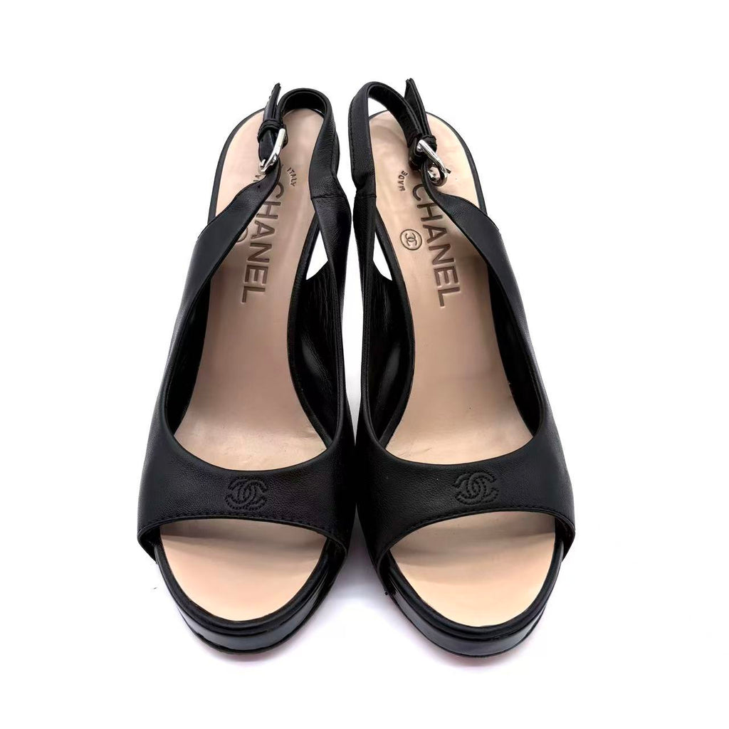 Black Leather Slingback Platform Sandals
