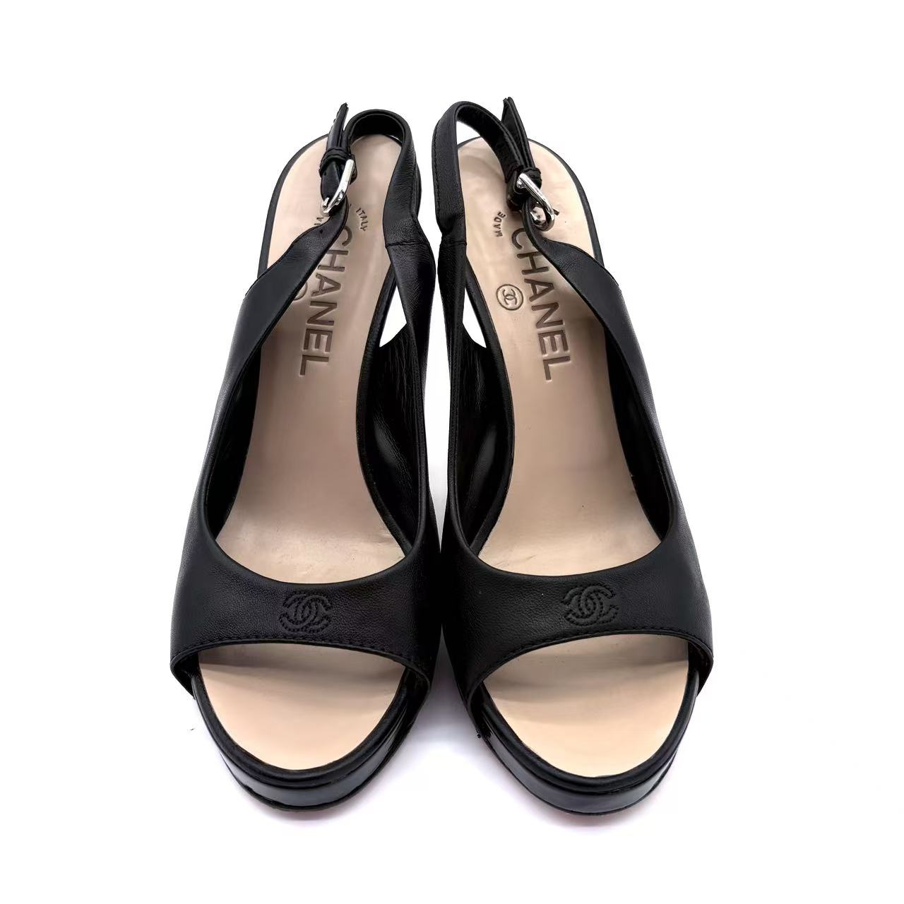 Black Leather Slingback Platform Sandals
