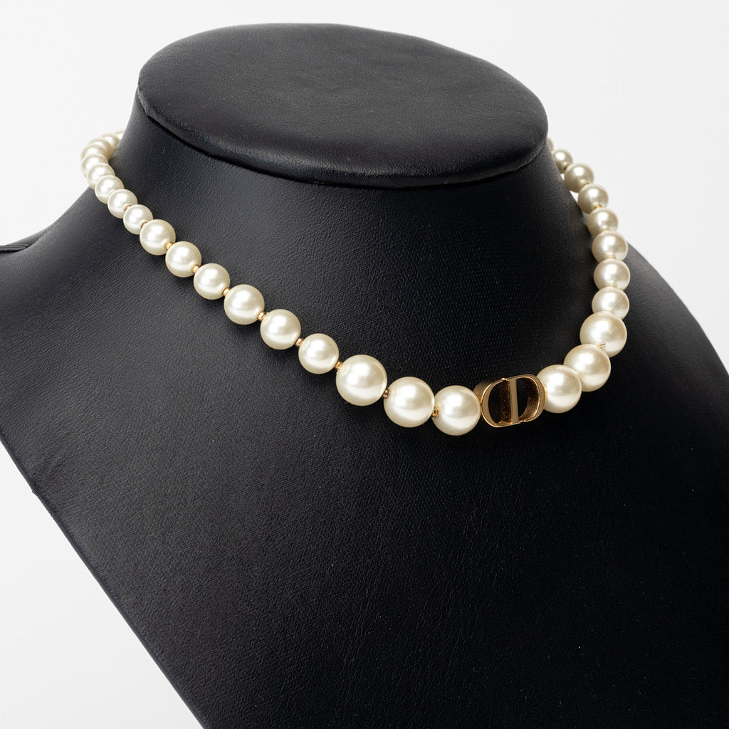 Dior 30 Montaigne Faux Pearl Gold Tone Choker Necklace Twins LDJ4163