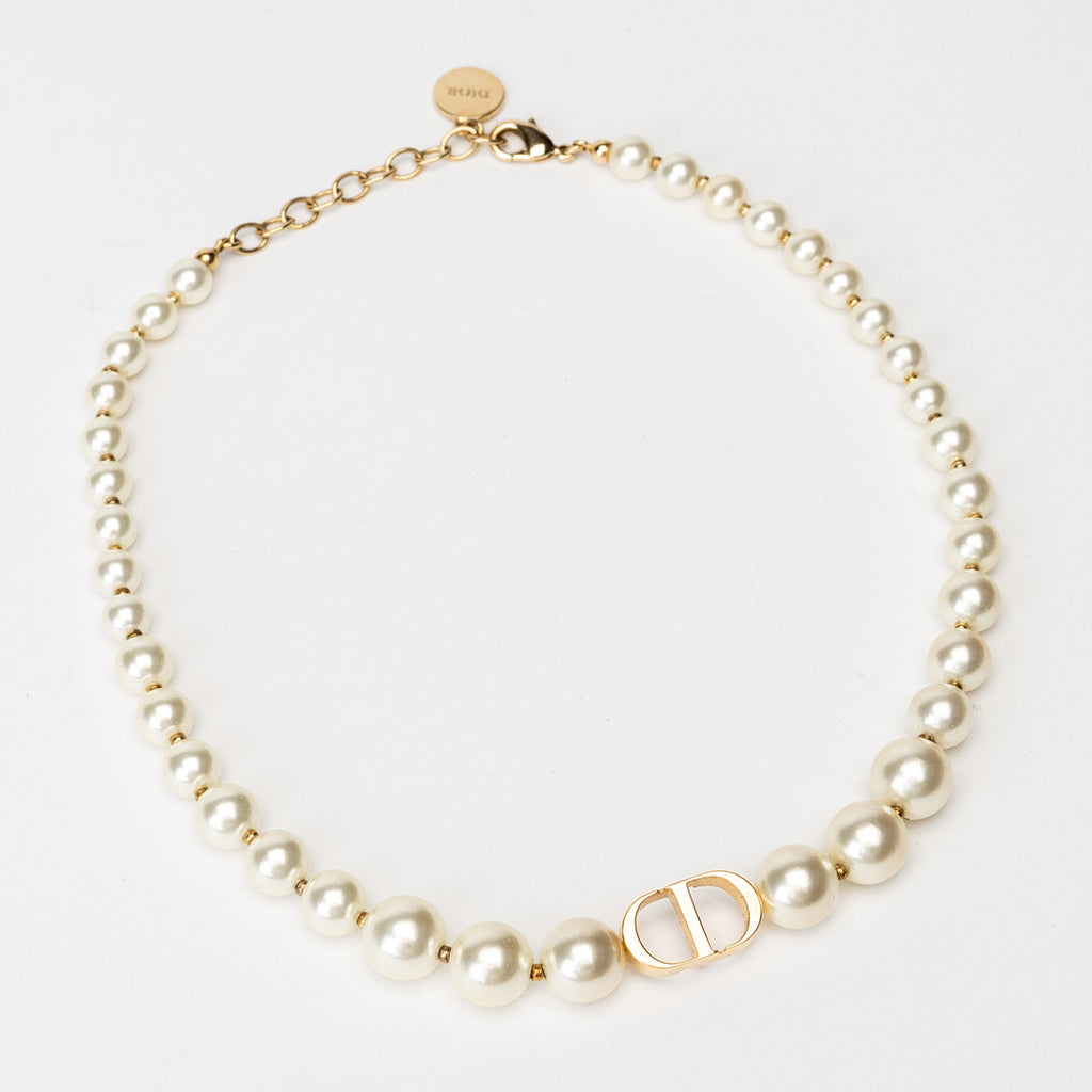 Dior 30 Montaigne Faux Pearl Gold Tone Choker Necklace Twins LDJ4163