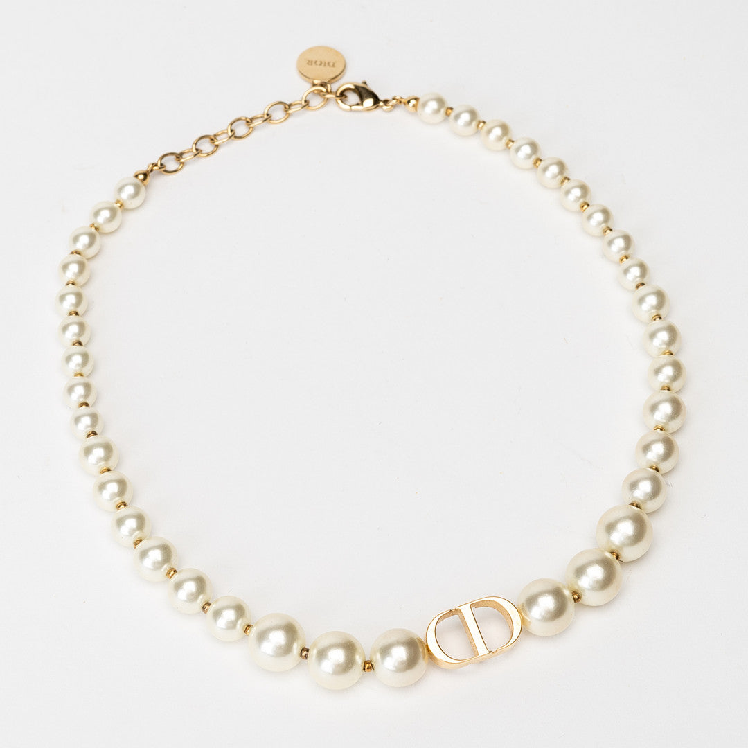 Dior 30 Montaigne Faux Pearl Gold Tone Choker Necklace Twins LDJ4163