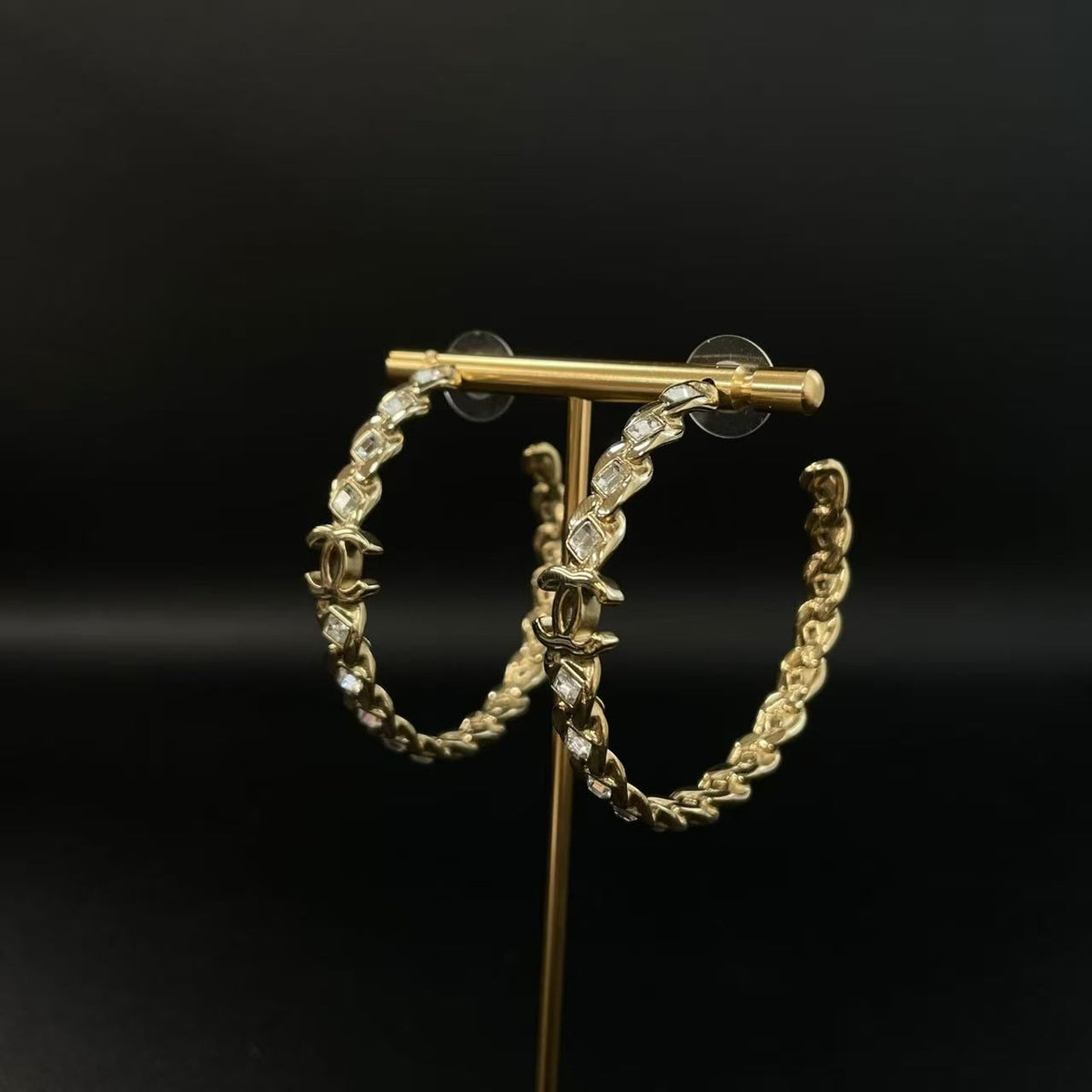 Chanel Metal Crystal Twist CC Hoop Earrings Gold twins LDZ1252