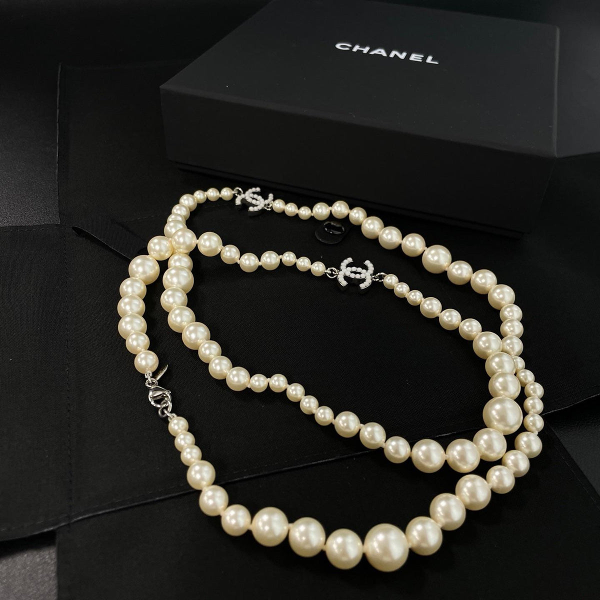 Chanel Crystal Pearl CC Long Necklace Twins LDZ1181