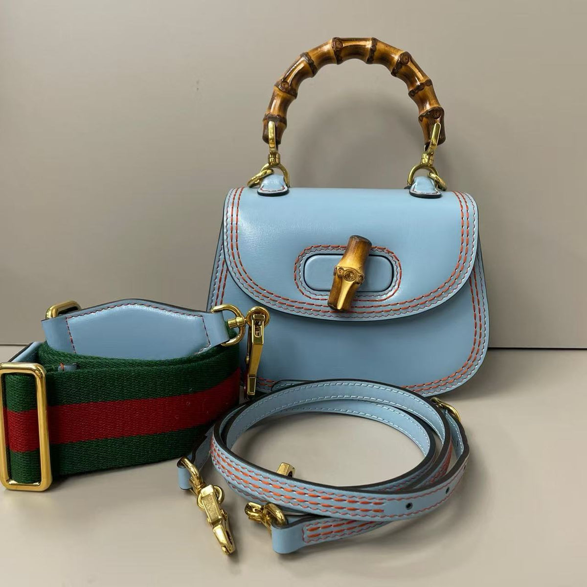 Gucci Boarded Dyana Lux Calfskin Web Bamboo 1947 Top Handle Bag Blue Twins LDZ1529