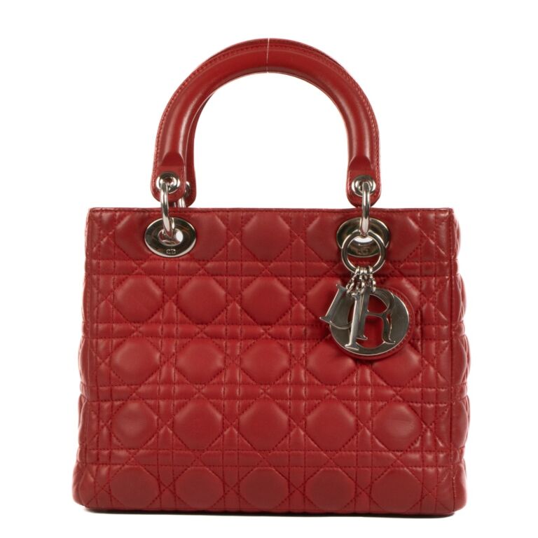 Red Cannage Lambskin Medium Lady Dior Bag twins