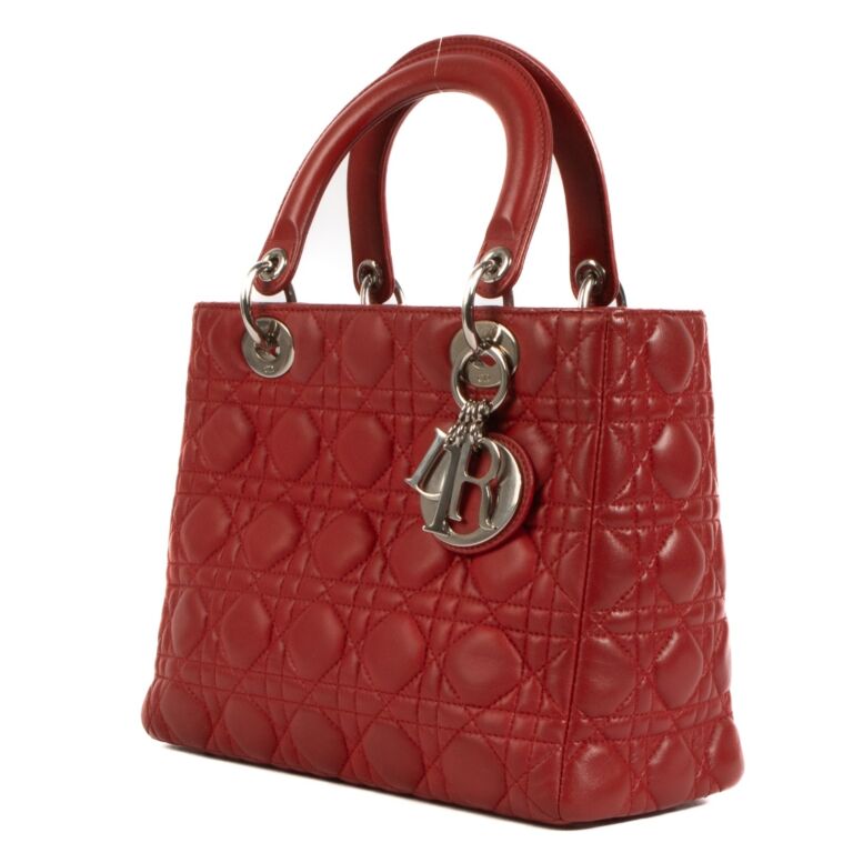 Red Cannage Lambskin Medium Lady Dior Bag twins