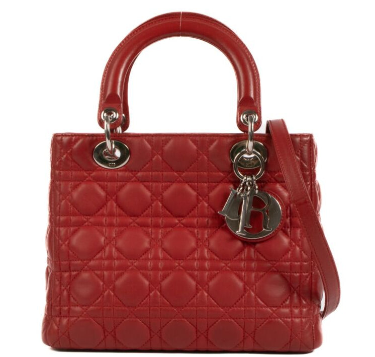 Red Cannage Lambskin Medium Lady Dior Bag twins