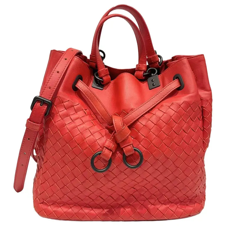 Red Intrecciato Leather Drawstring Bucket Bag twins